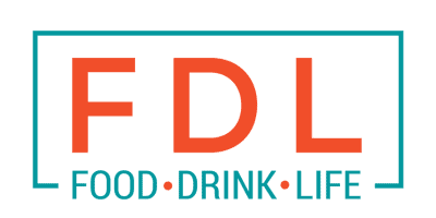 Logo with the letters "FDL" in bold orange, framed by a teal rectangular outline. Below, the words "FOOD • DRINK • LIFE" are written in teal, separated by orange dots.