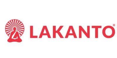 Lakanto logo with red text and an image of a person meditating inside a sunburst design.