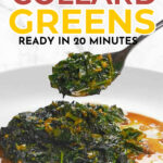 A fork holds collard greens above a plate with text: "Southern-Inspired Collard Greens Ready in 20 Minutes.