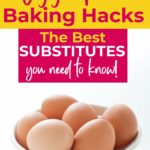 Bowl of eggs with text: "Egg-Free Baking Hacks - The Best Substitutes You Need to Know!" on a colorful background.