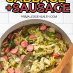 Text reads: "Delicious Fried Cabbage + Sausage" with a website URL at the bottom.