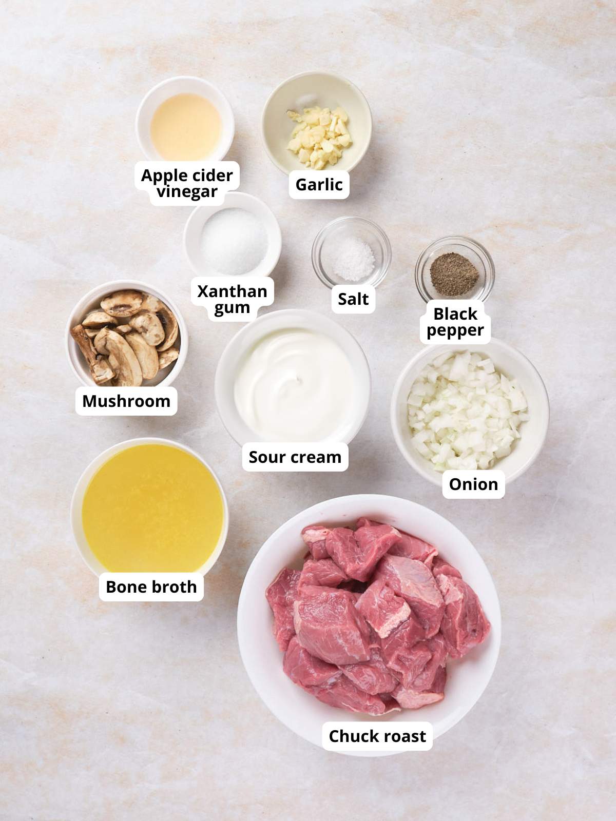 Various ingredients for slow cooker stroganoff labeled on a light surface.