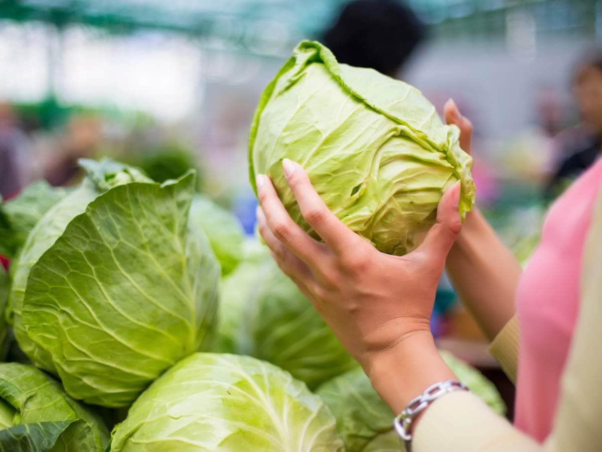 A person holds a cabbage in a grocery store, surrounded by more cabbages.