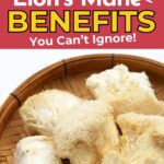 Basket of Lion's Mane mushrooms with text about their health benefits.