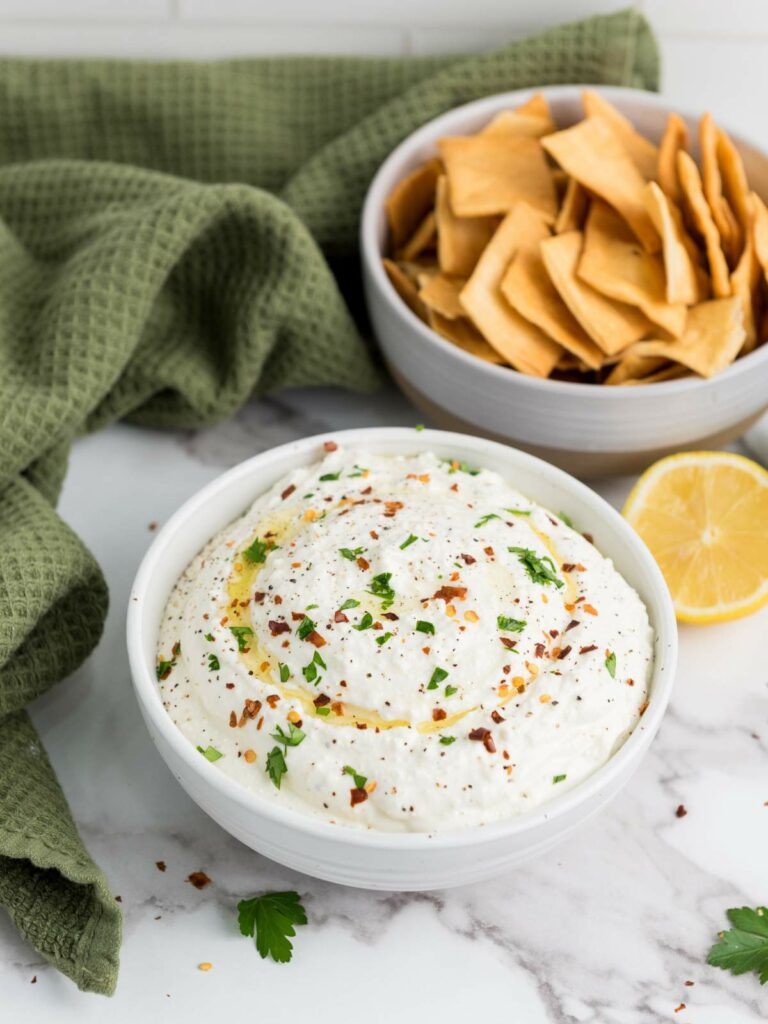 A bowl of feta dip garnished with herbs and chili flakes.