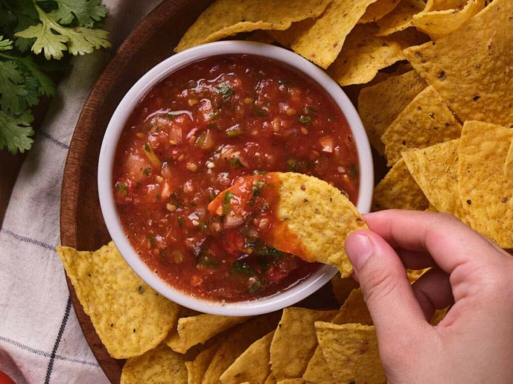 Hand holding a tortilla chip dipping into a bowl of chunky salsa surrounded by more chips on a wooden plate.