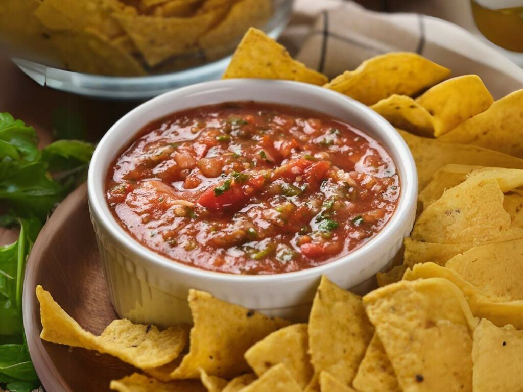 A bowl of salsa surrounded by tortilla chips on a wooden plate.