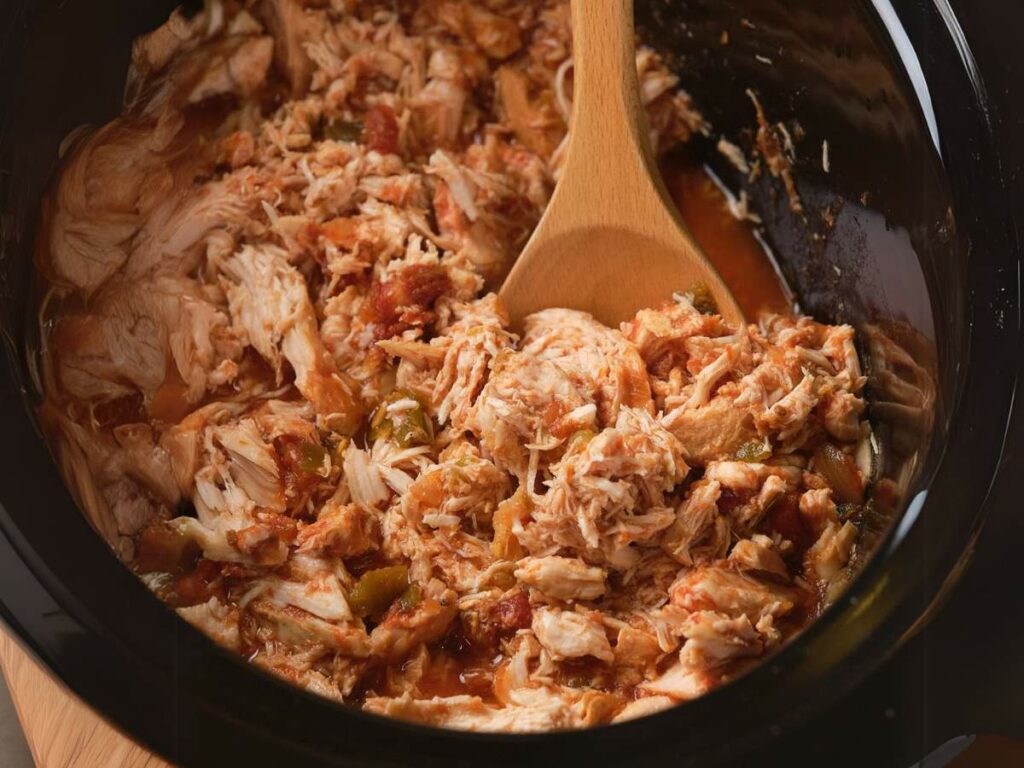 Close-up of shredded seasoned salsa chicken in a black slow cooker, being stirred with a wooden spoon.